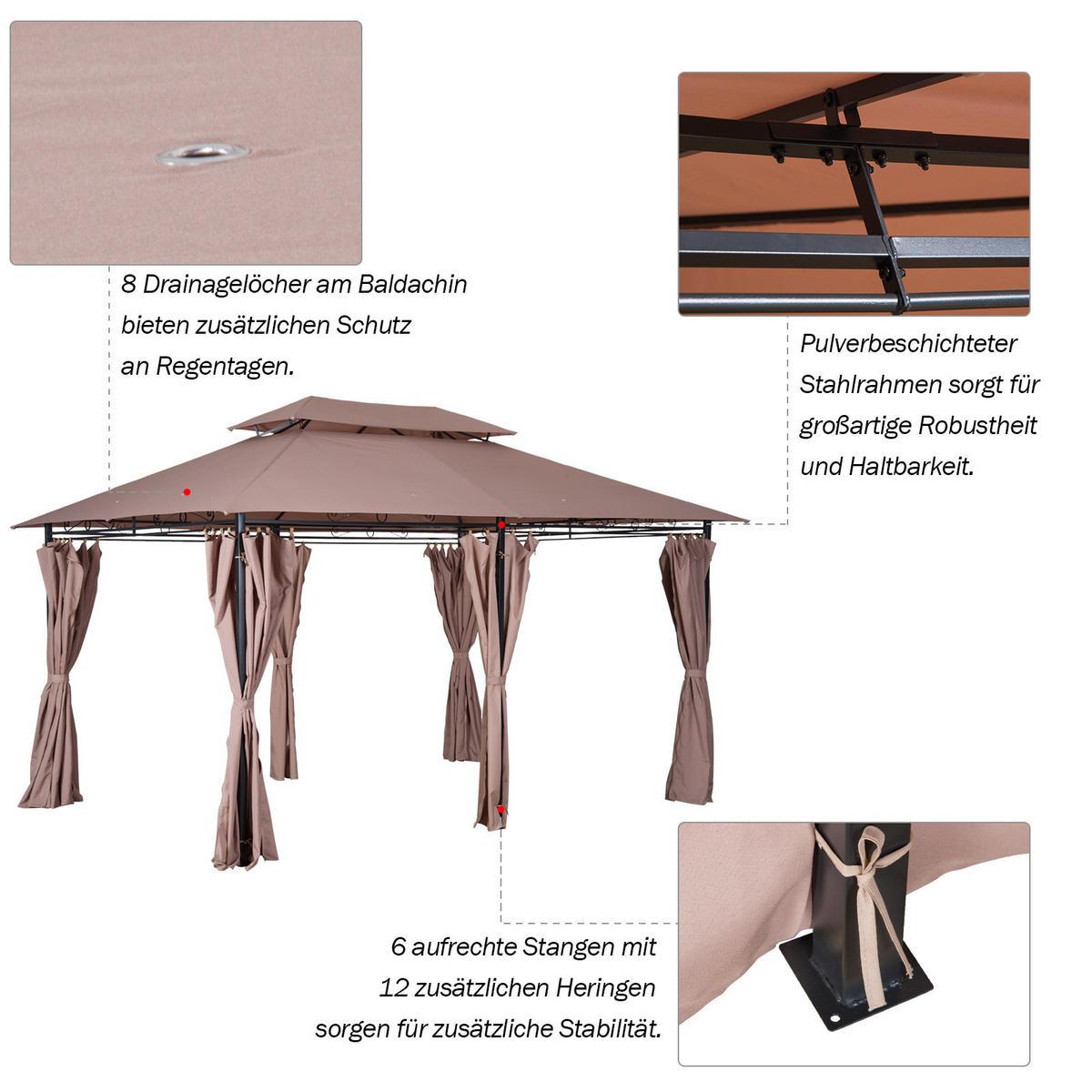 PAVILLON, Khaki, Stahl, Polyester-Gewebe - Braun, Metall (400/280/300cm) - Outsunny