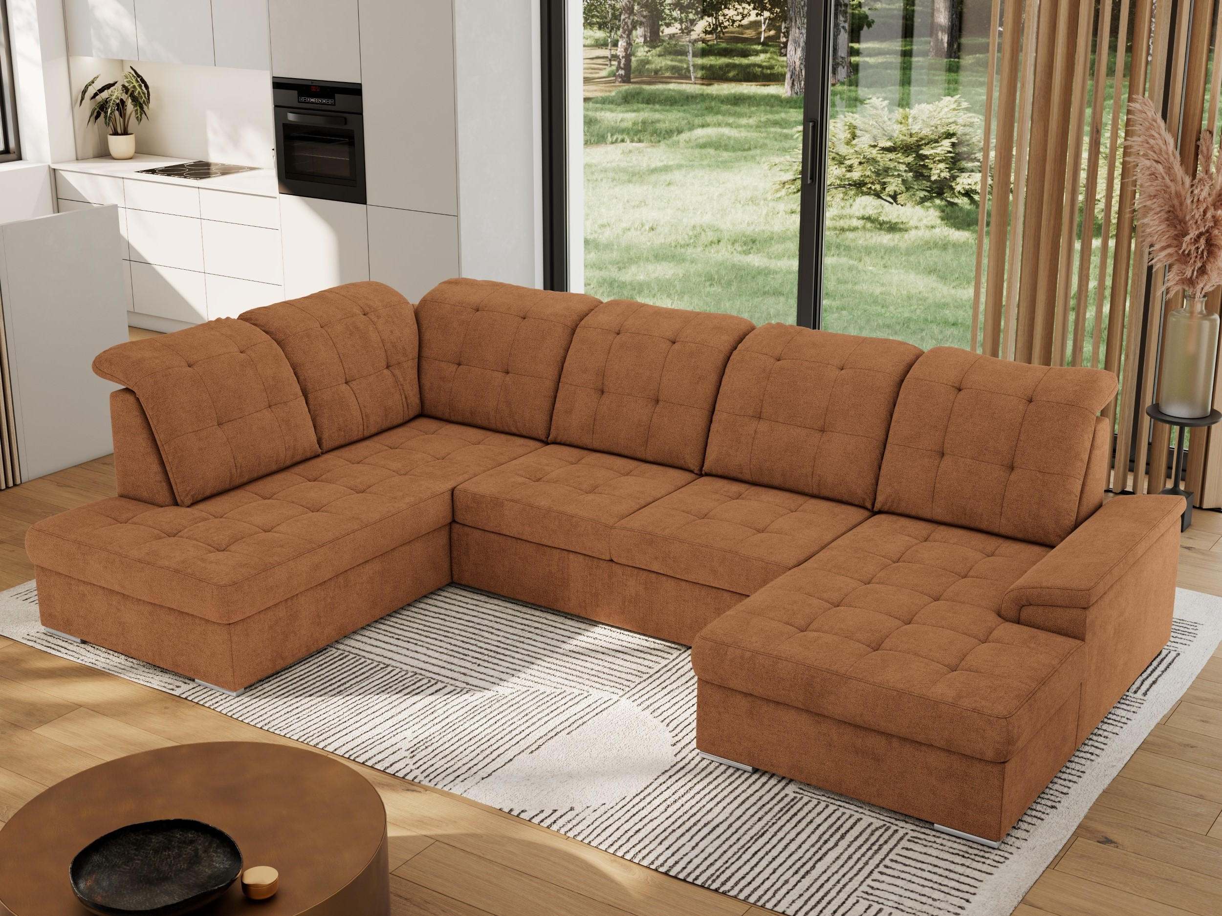 WOHNLANDSCHAFT MADRITO U - Orange Struktur - Links - Silberfarben/Orange, Textil/Metall (204/89/323cm) - MKS