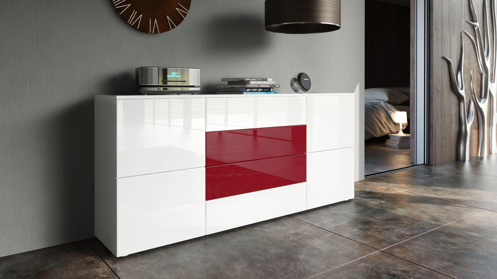 SIDEBOARD Rova Weiß Hochglanz / Bordeaux Hochglanz - Weiß Hochglanz, Holzwerkstoff (166/72/35cm) - Vladon