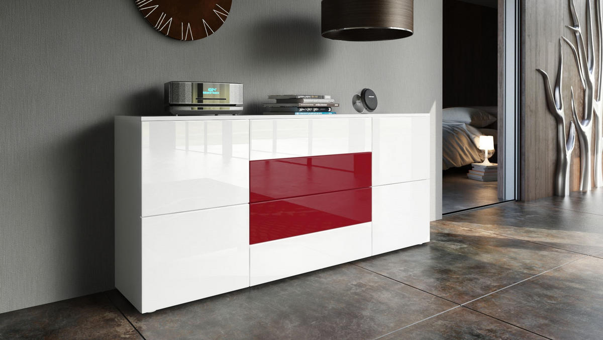 SIDEBOARD Rova Weiß Hochglanz / Bordeaux Hochglanz - Weiß Hochglanz, Holzwerkstoff (166/72/35cm) - Vladon