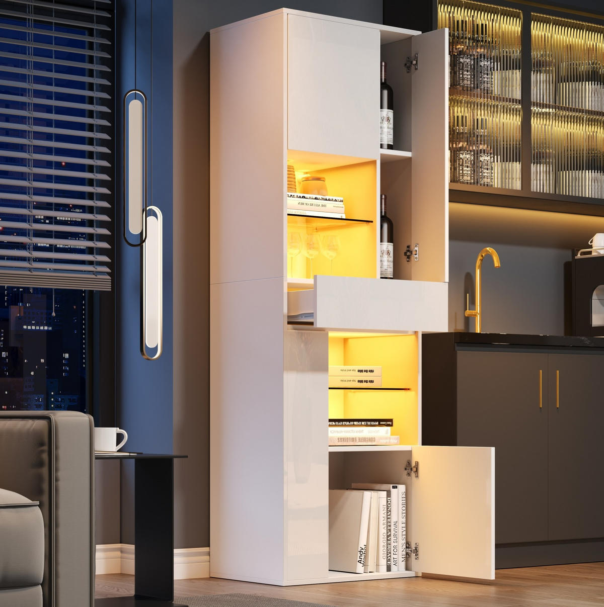 VITRINE mit LED 55 x 38 x 170 cm Hochglanz Weiß - Weiß, Holzwerkstoff (38/170/55cm) - Beauniv