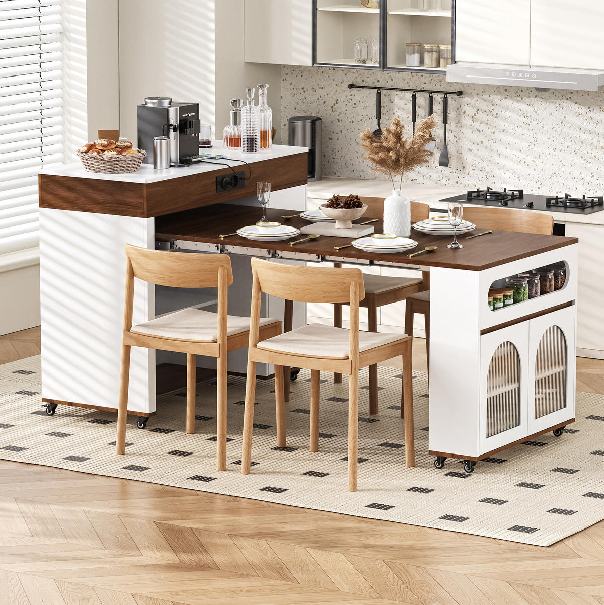KÜCHENINSEL 50,5-187,5/110,5/95,5 cm aus MDF mit ausziehbarer Tischplatte Weiß/Walnussfarben - Walnussfarben, Holzwerkstoff (110.5/95.5/50.5cm) - Modenvie