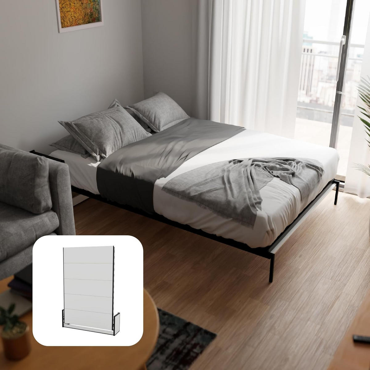 SCHRANKBETT Murphy Studio 140x200 Vertikal, mit Gasdruckfeder-Mechanismus - Graphitfarben/Schwarz, Metall (140/200cm) - WallBedKing