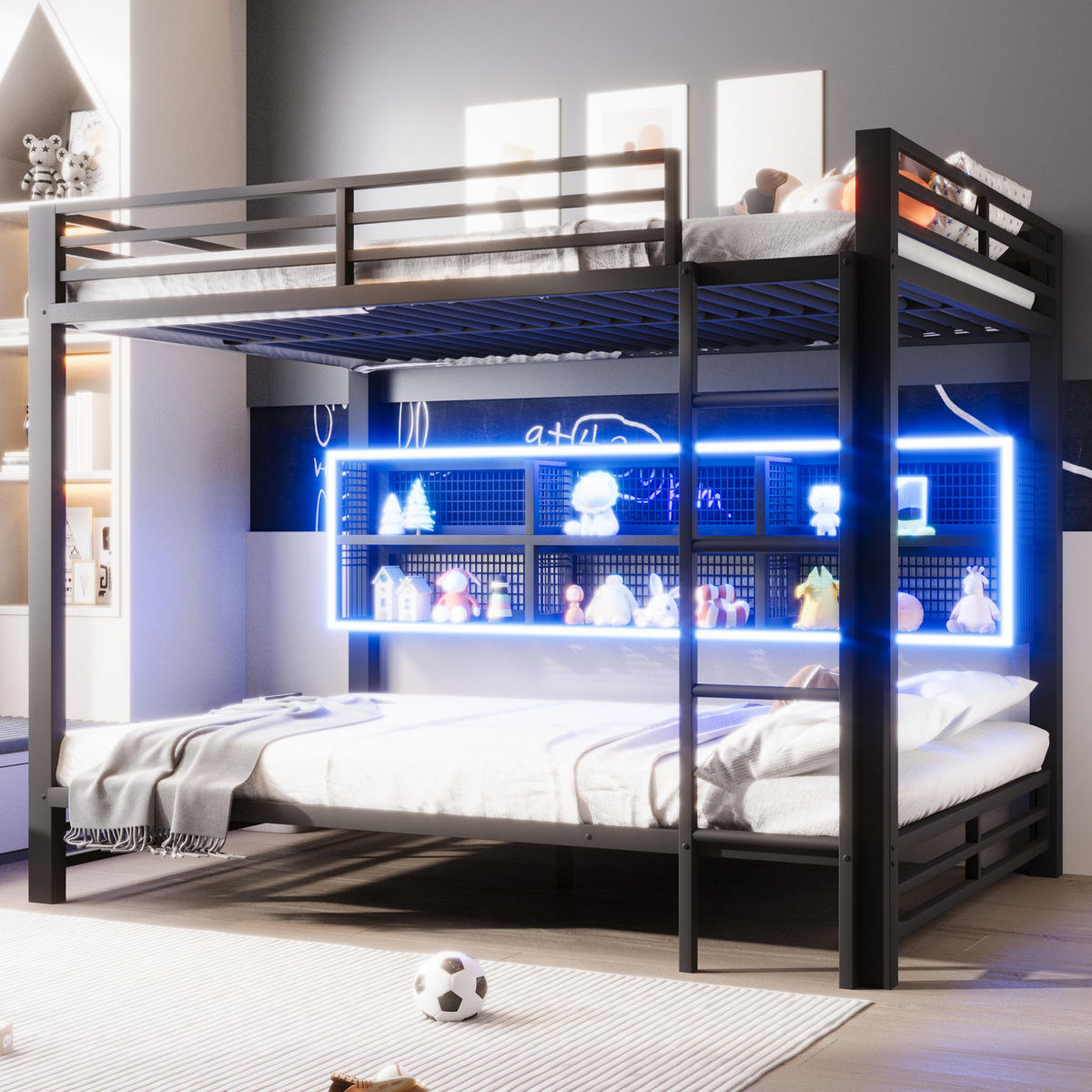 ETAGENBETT 140/200 cm aus Metall mit Stauraumschränken und LED-Beleuchtung - Schwarz, Metall (140/200cm) - Flora Grace