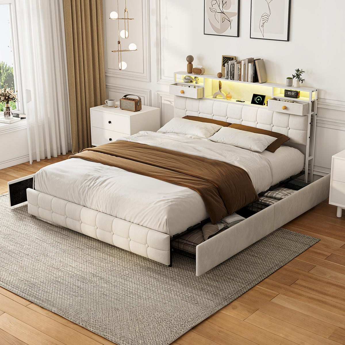 SÄNG 160x200cm beige med lådor, RGB-LED och laddningsstation - Vit, Trä - SHOPENTRA