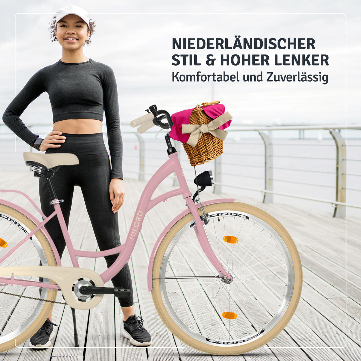 CITY-FAHRRAD Milord mit Weidenkorb, 28 Zoll, Rosa-Creme, 1-Gang - Pink/Creme, Metall (46cm) - Milordbikes