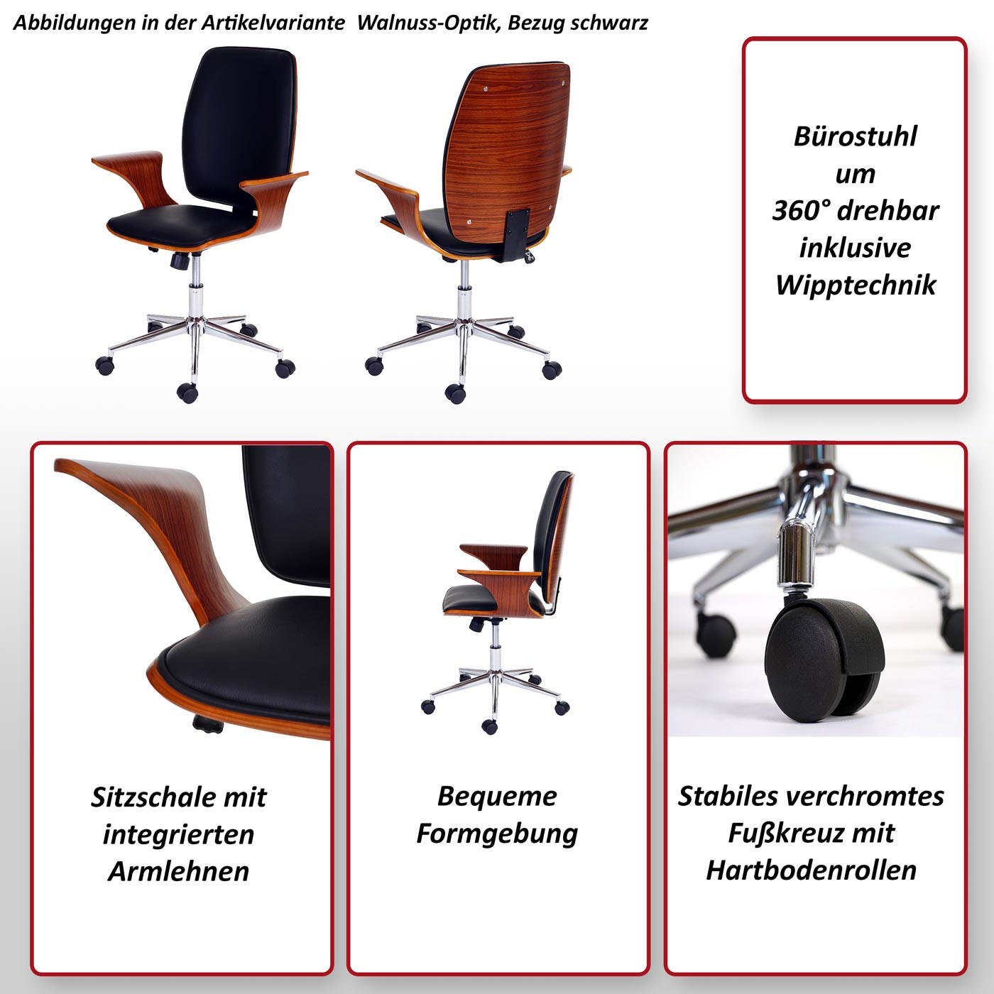 Thumbnail - MCW Bürostuhl, Walnuss, Grau, Holz, 66x101x67 cm, Arbeitszimmer, Bürostühle, Drehstühle