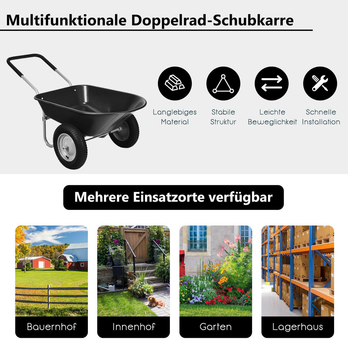 SCHUBKARRE Schwarz - Schwarz, Metall (65/65/140cm) - COSTWAY
