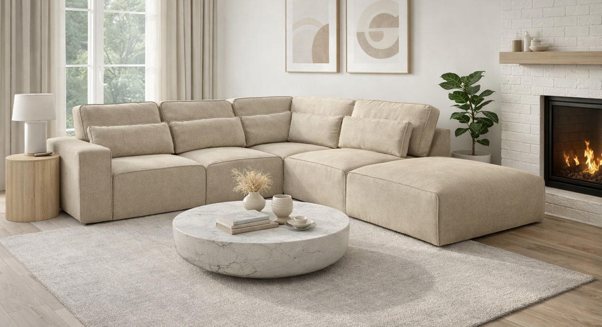 ECKSOFA beige Webstoff, Sofa 305 x 281 cm, L-Sofa rechts - Beige, Holz/Textil (305/281cm) - Inn.Furn