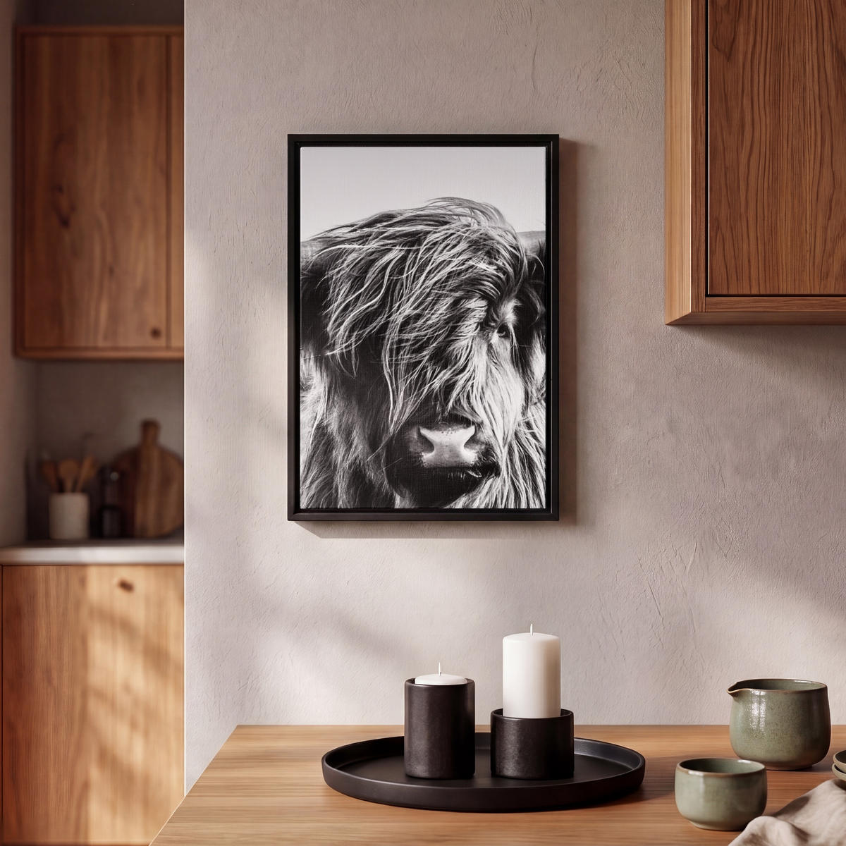 LEINWAND Bilder mit Rahmen - Kuh - Schottischer Hochländer - Schwarz - Weiß - Tier - Natur - Wildtiere - 20x30 - Schwarz, Textil (20/30cm) - MuchoWow