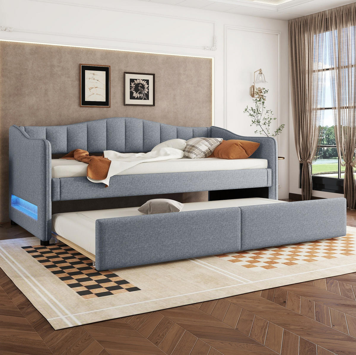 DNEVNA postelja iz lanu in MDF 90x200 cm siva z izvlečno posteljo in LED osvetlitvijo - siva, tekstil (90/200cm) - Modfu