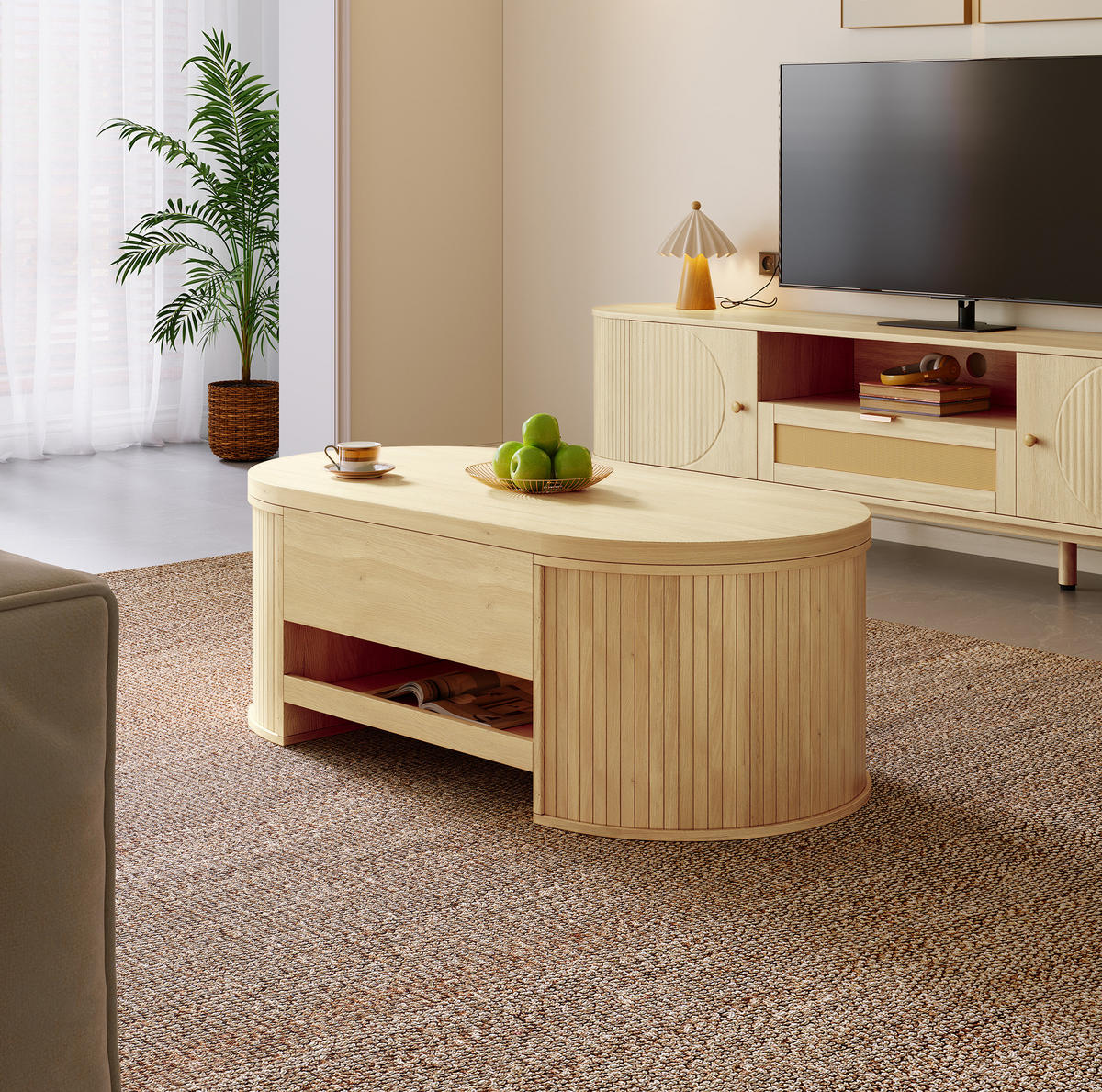 KONFERENČNÍ stolek, 110/55,5/40 cm, MDF přírodní, výškově nastavitelná deska - přírodní, kompozitní dřevo (110/55.5/40cm) - BEAOK