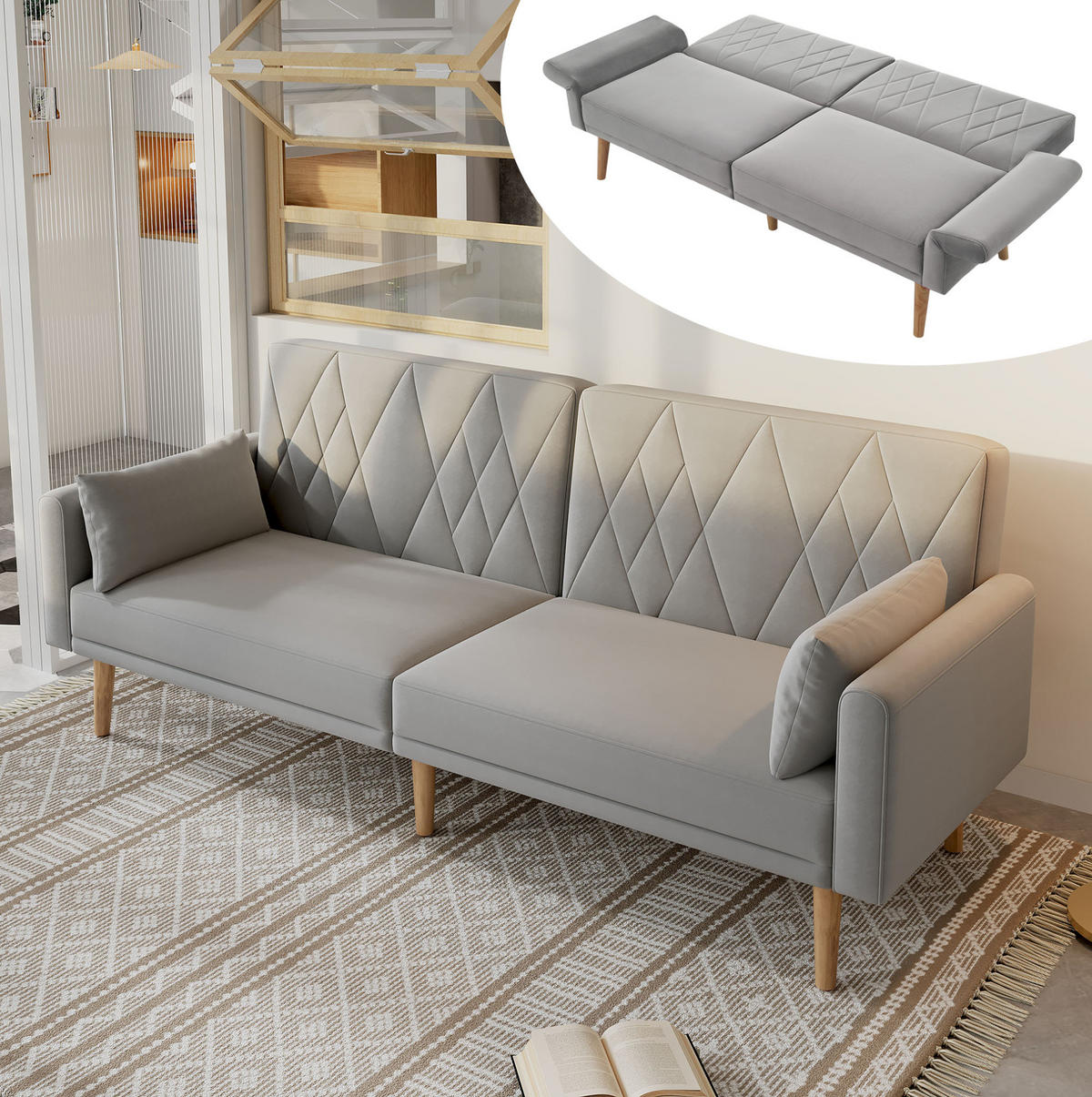 SCHLAFSOFA Zweisitzer mit verstellbaren Rückenlehnen aus Samt Grau 180/75/82 cm - Grau, Textil (180/82/75cm) - OKWISH