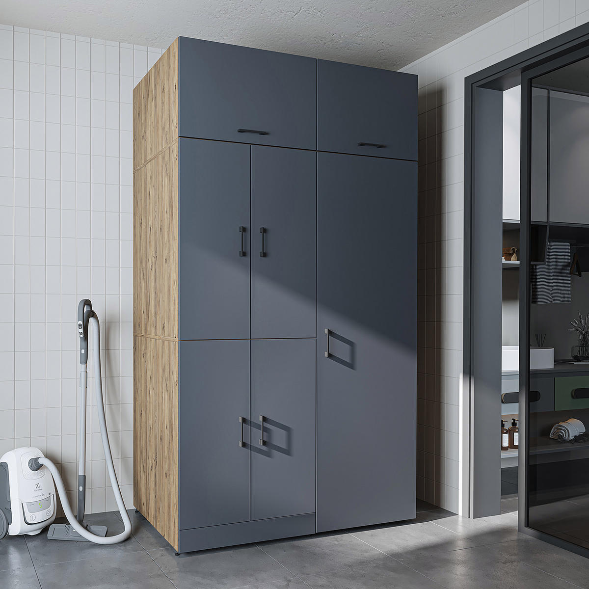 WASCHMASCHINENSCHRANK DORA-II 130cm Breit, 230cm Hoch - Anthrazit, Holzwerkstoff (130/230/73.8cm)