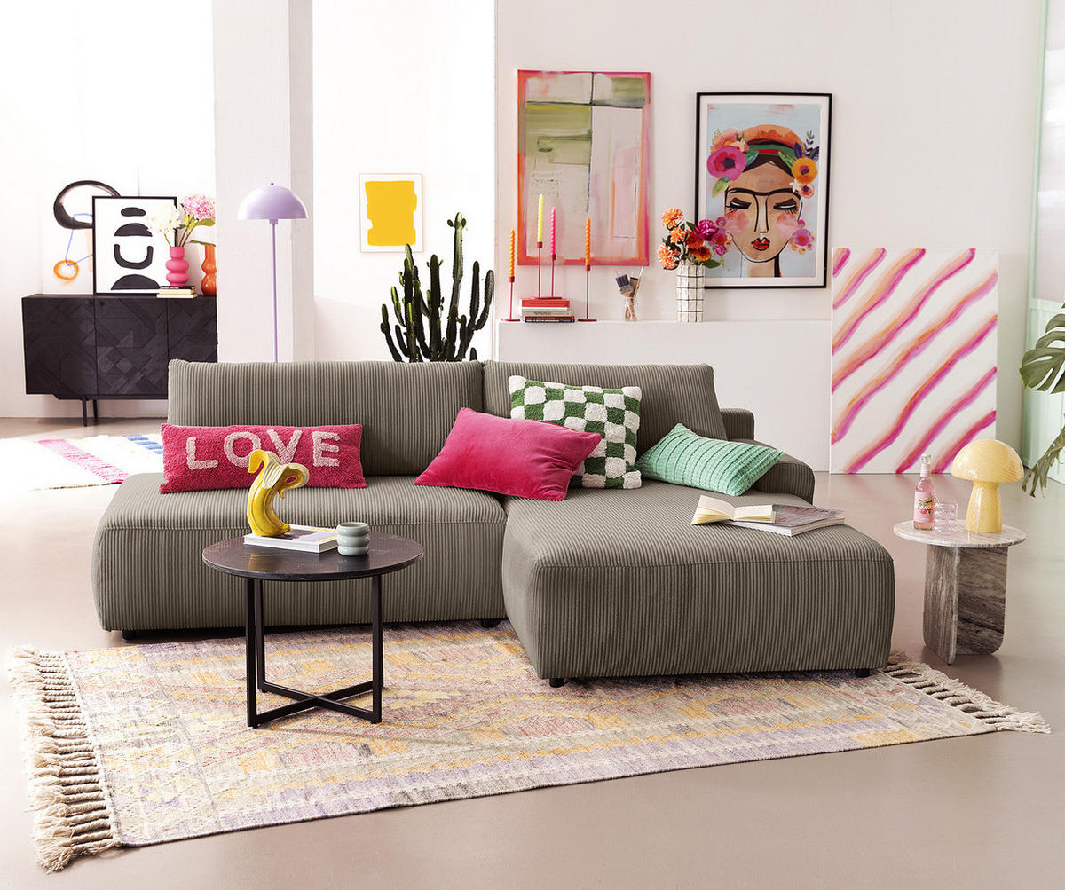 ECKSOFA mit Schlaffunktion - Longchair - Hellgrau/Schwarz, Kunststoff/Textil (253/167cm) - home24