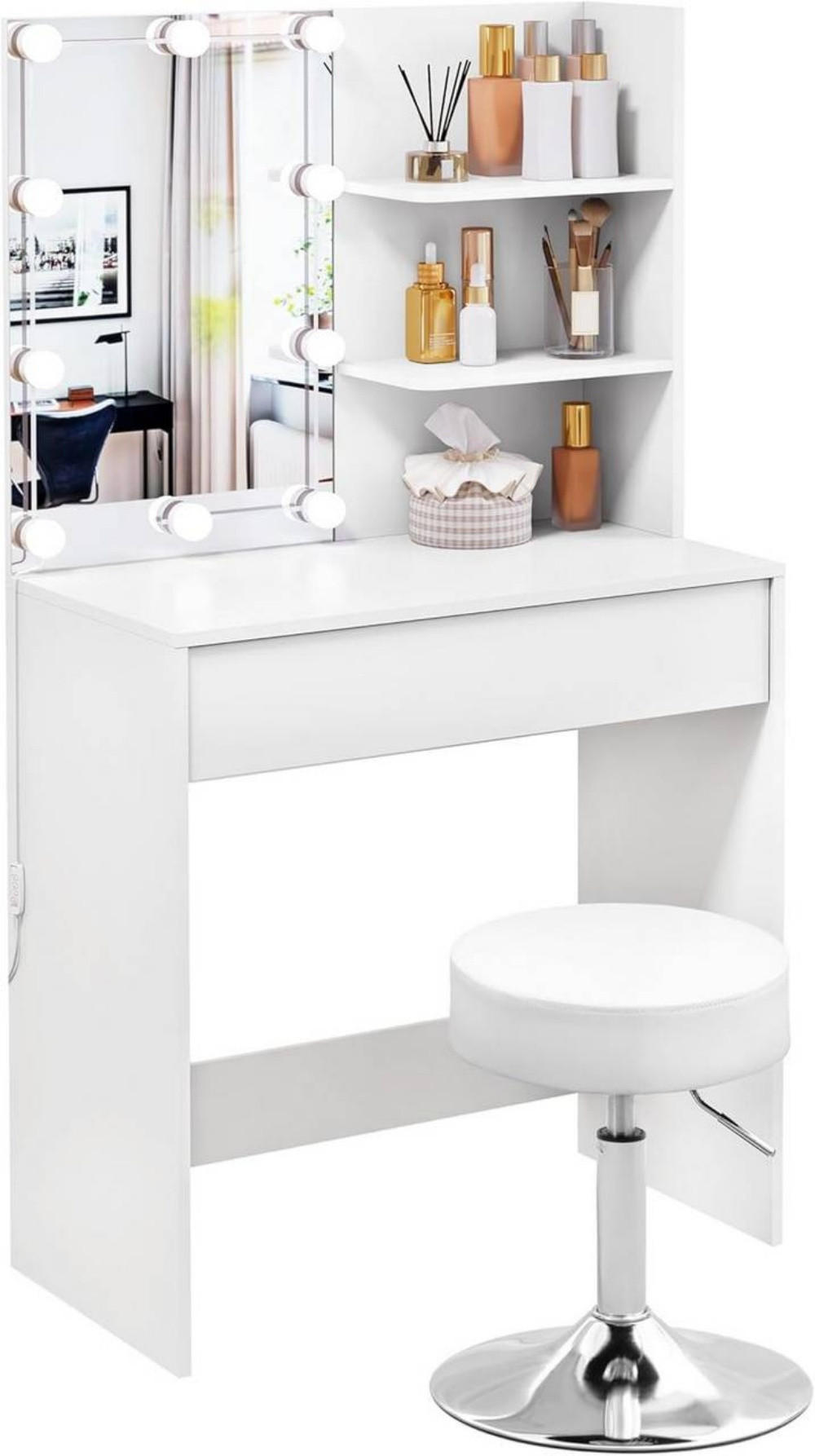 SCHMINKTISCH mit Beleuchtung Spiegel Hollywood, Schminkhocker Weiß - Silberfarben/Weiß, Holzwerkstoff/Metall (75/136/40cm) - Woltu