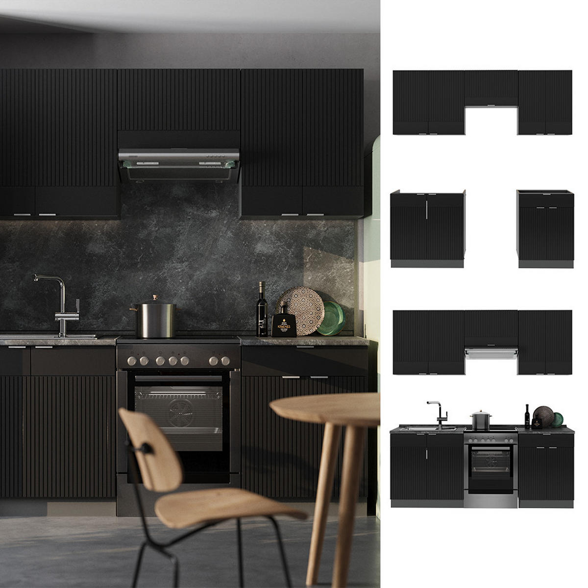 KUCHYŇSKÁ LINKA Fame-Line, černé pruhy/antracit, 200 cm bez pracovní desky - černá/antracitová, kompozitní dřevo (200/81.6/46cm) - Vicco