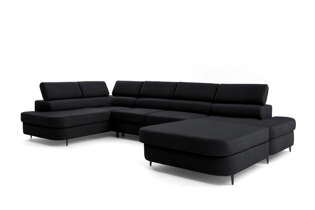 ECKSOFA U-Form PRIAM U Rechts mit Schlaffunktion 126x270 Velours Schwarz - Schwarz, Holz/Textil (203/91/350cm) - Muffo