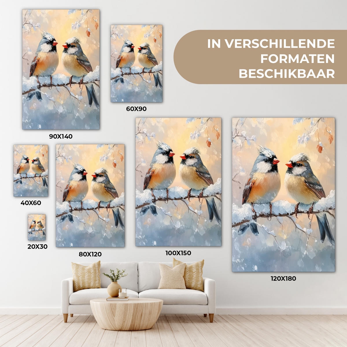 LEINWANDBILD Vögel - Zweig - Winter - Schnee 60x90 cm - Pastellblau, Textil (60/90cm) - MuchoWow