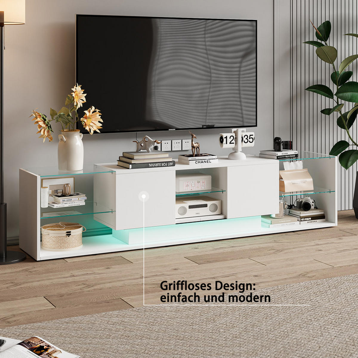 LOWBOARD, 200 x 35 x 45 cm LED Highlights mit Offenen Stauraum und 2 Schubladen, Glastrennwand, MDF - Weiß, Glas (35/45/200cm) - WoodenAura