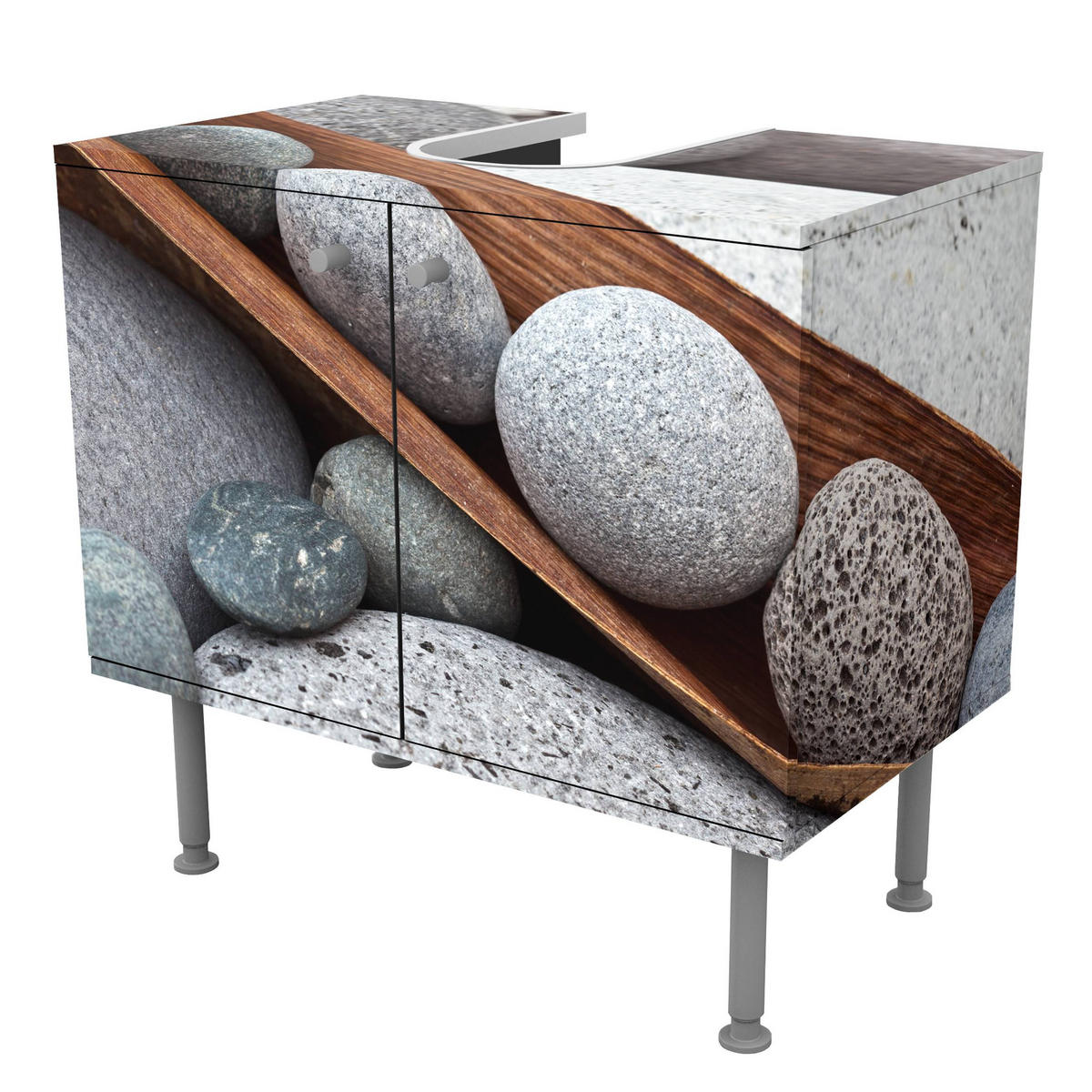 WASCHBECKENUNTERSCHRANK Stillleben mit grauen Steinen 60/55/35 cm - Grau, Holzwerkstoff (60/55/35cm) - Bilderwelten