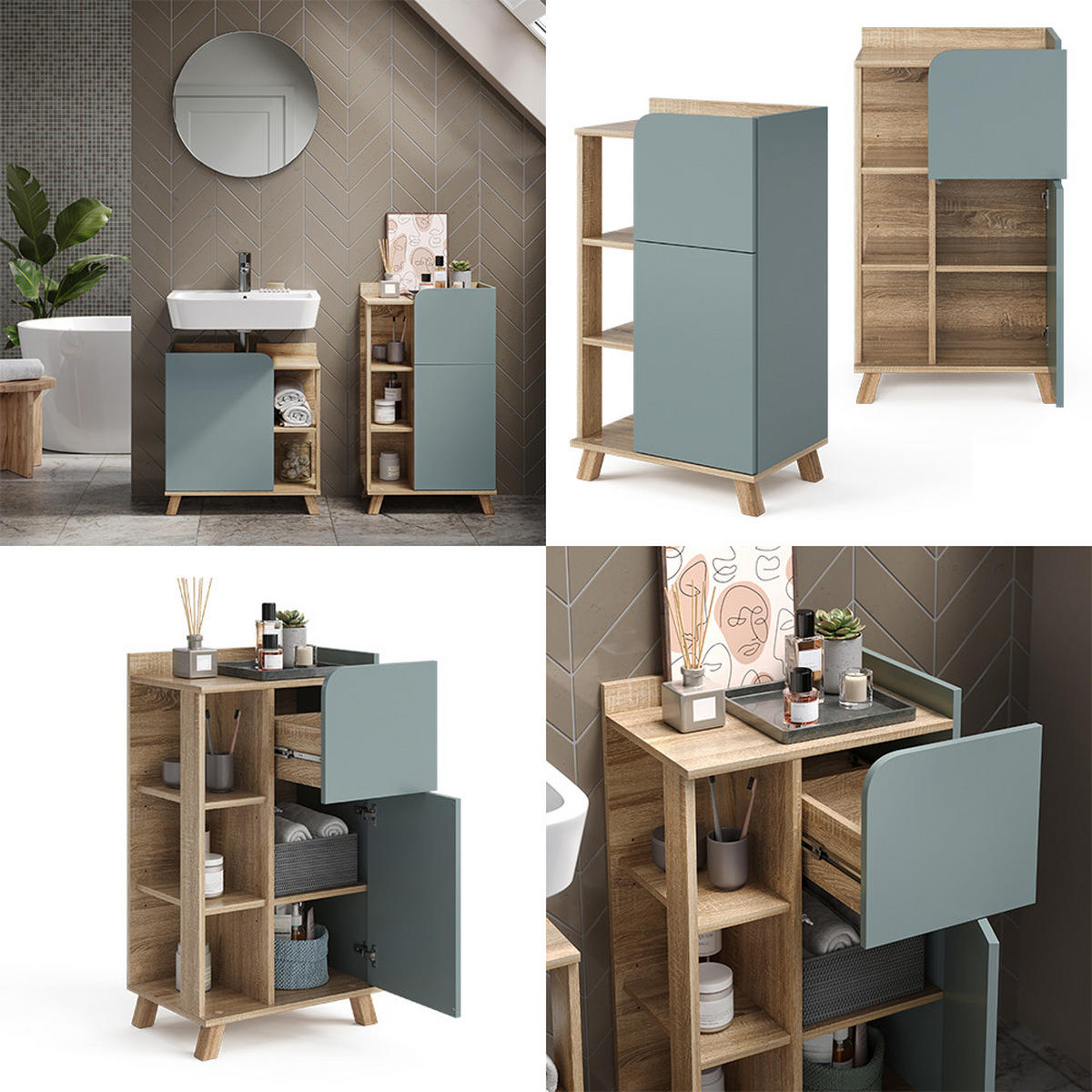UNTERSCHRANK Karen Blau-Grau 50 x 90 cm mit Tür und Schublade - Dunkelblau/Sonoma Eiche, Holzwerkstoff (50/90/35cm) - Vicco