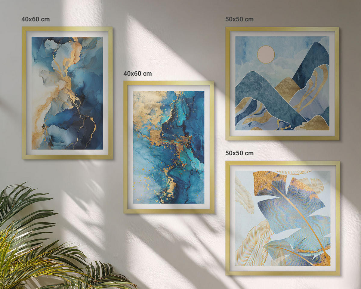 WANDBILDER 4er Set - 50x50 cm & 40x60 cm Goldrahmen - Goldmuster in den blauen Bergen - Goldfarben, Kunststoff (50/50cm) - ArtPrintCave
