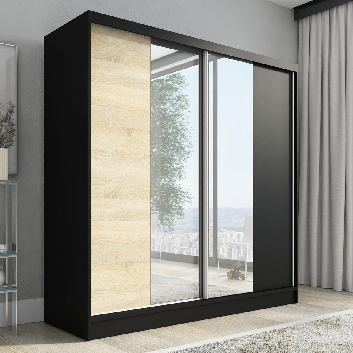 SCHWEBETÜRENSCHRANK 200 CM DUO Farbe: Schwarz | sonoma | schwarz - Schwarz/Braun, Holzwerkstoff (200/215/60cm) - A&J MöbelLand