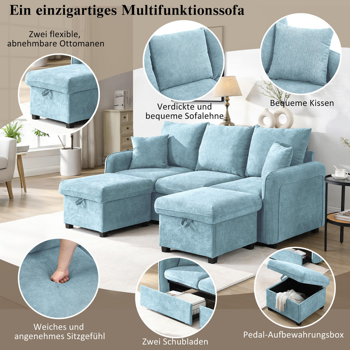 WOHNLANDSCHAFT 188/186/86 cm Dunkelgrau mit 2 Fußhocker und 2 Schubladen - Blau, Textil (188/86/186cm) - Oxeza