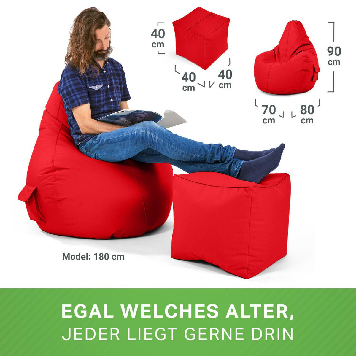 SITZSACK + Hocker "Cozy+Cube" 2er Set - Rot, Textil (70/90/80cm) - Green Bean