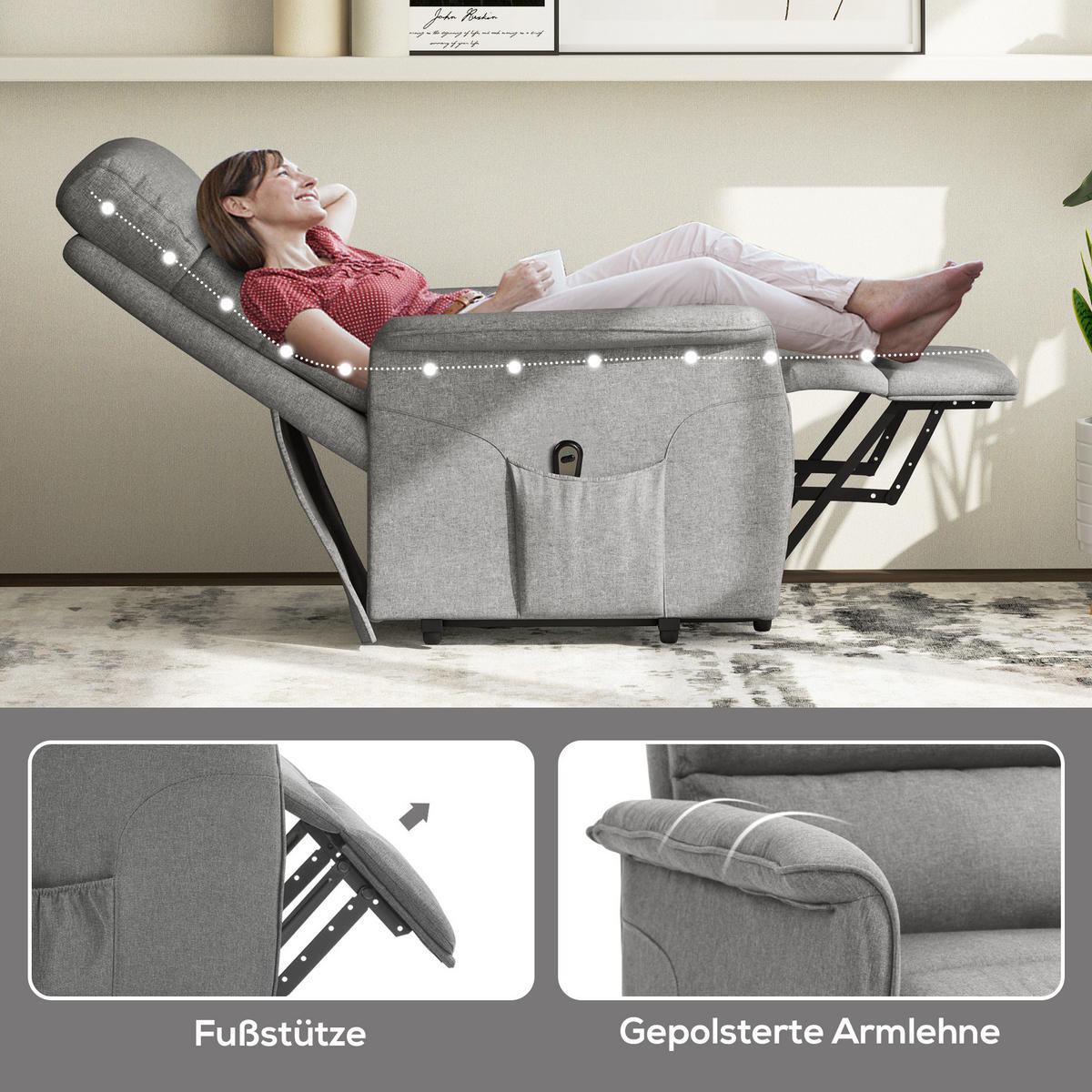FERNSEHSESSEL mit Aufstehhilfe Elektrisch, Relaxsessel mit Liegefunktion Grau - Schwarz/Grau, Textil/Metall (90/96/66cm) - HOMCOM