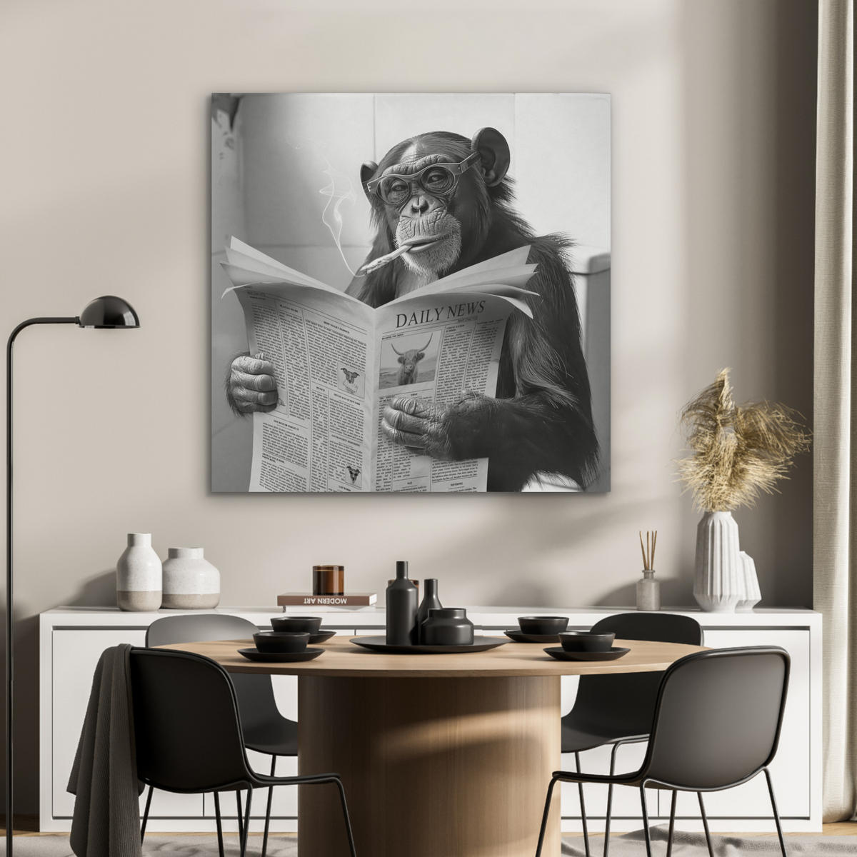 AKUSTIKPANEEL Affe - WC - Zeitung - Schwarz-Weiß - Humor 90x90 cm - Hellgrau, Textil (90/0.9/90cm) - MuchoWow