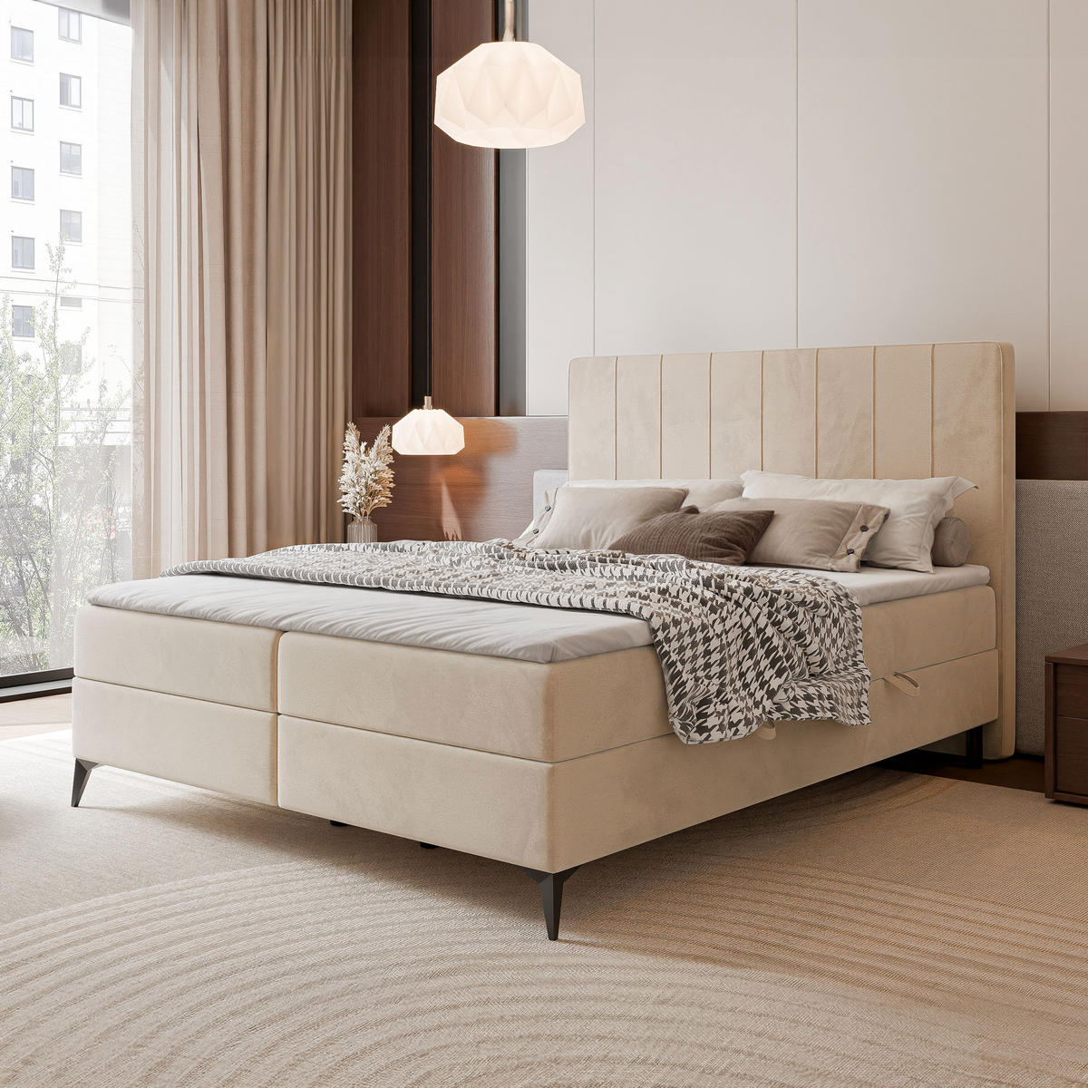 BOXBETT VERA 120x200 cm mit Matratze und Topper, Dichter wasserabweisender Samt Hellbeige - Beige, Textil (120/200cm) - Idohome