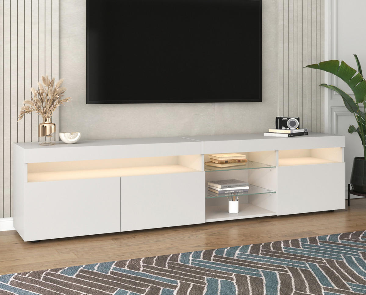 TV-SCHRANK 180/35/48 cm weiß MDF mit variabler LED-Beleuchtung und Glaseinlagen - Weiß, Holzwerkstoff (180/48/35cm) - OKWISH