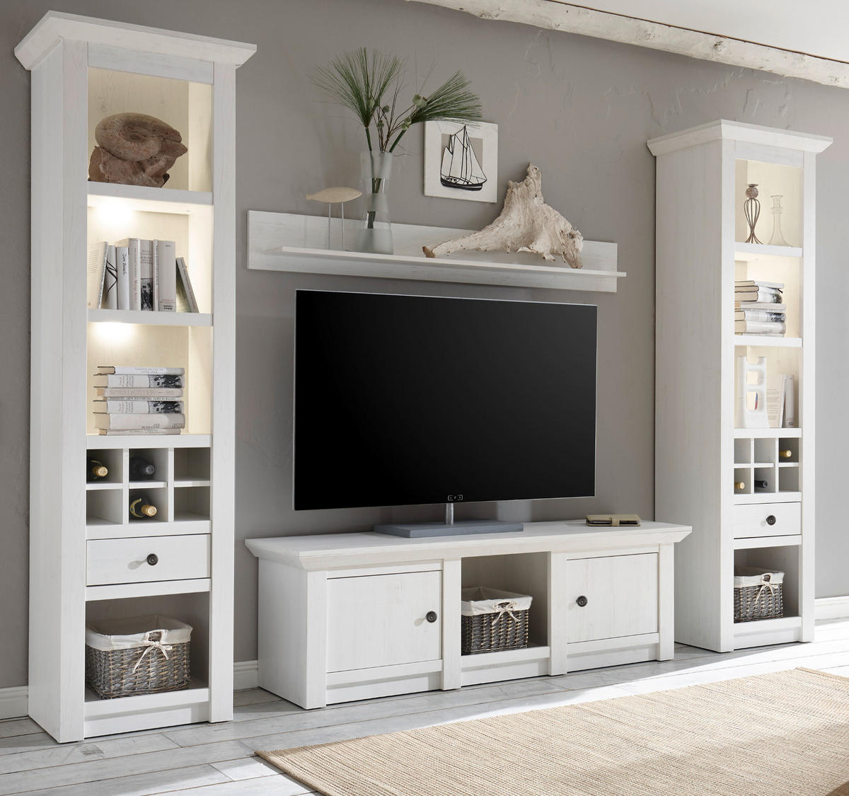 WOHNWAND Pinie weiß 4-teilig 288 cm, Schrankwand im Landhaus-Stil - Schwarz/Weiß, Glas/Holzwerkstoff (288/207/45cm) - Furn.Design