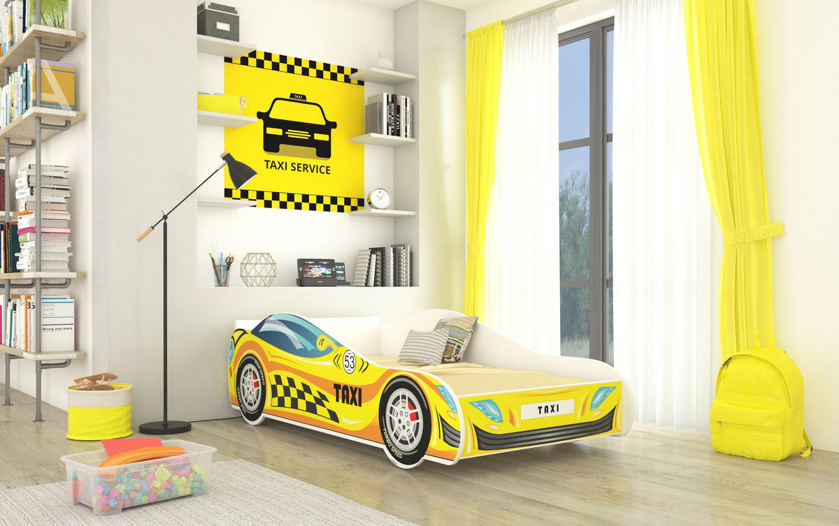 KINDERBETT Taxi weiß / Motiv Taxi 84 / 167 / 49cm - Gelb/Weiß, Holz/Holzwerkstoff (80/160cm) - Feldmann-Wohnen