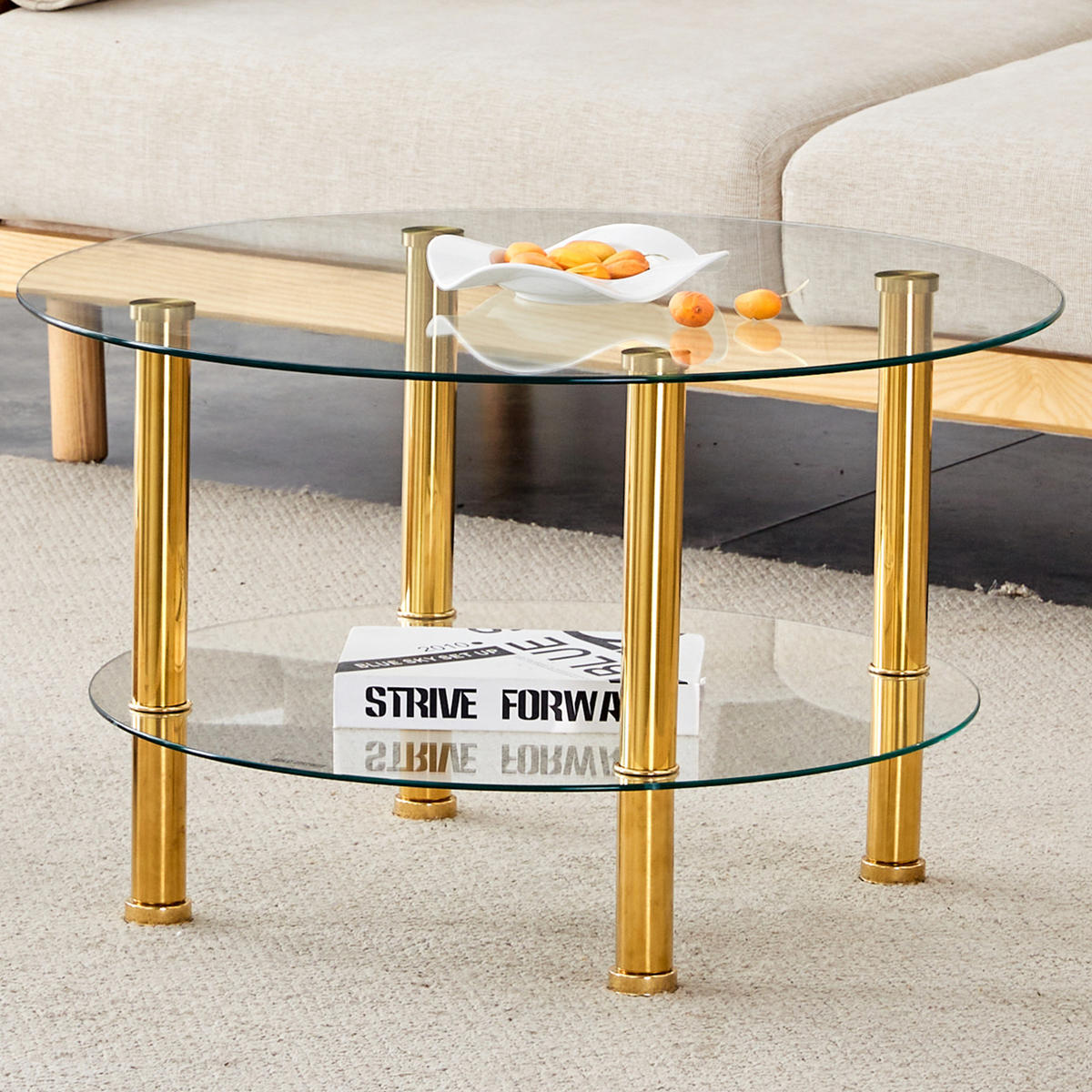 COUCHTISCH 70/60/42 cm aus Glas und Metall in Gold mit 2 Ablagen - Goldfarben, Glas (70/70/42cm) - Flora Grace