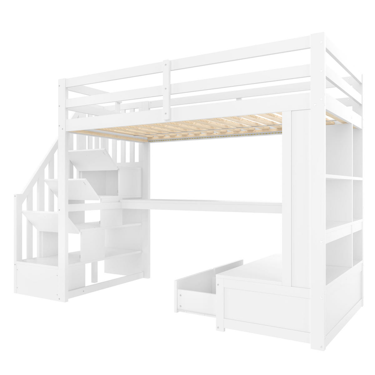 HOCHBETT 90/200 cm weiß aus Kiefer mit Schreibtisch mit Schubladen und Treppe - Weiß, Holzwerkstoff (90/200cm) - OKWISH