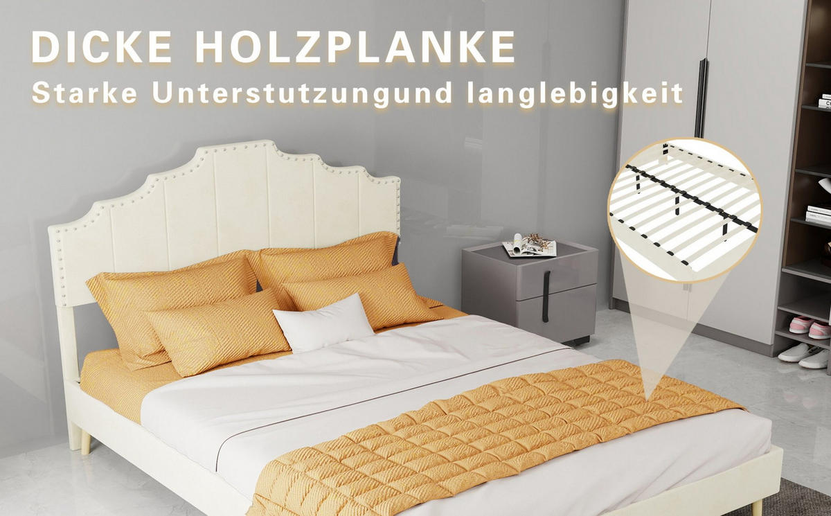 POLSTERBETT 140/200 cm Beige aus Stoff und Metall mit gepolstertem Kopfteil - Beige, Textil (140/200cm) - OKWISH