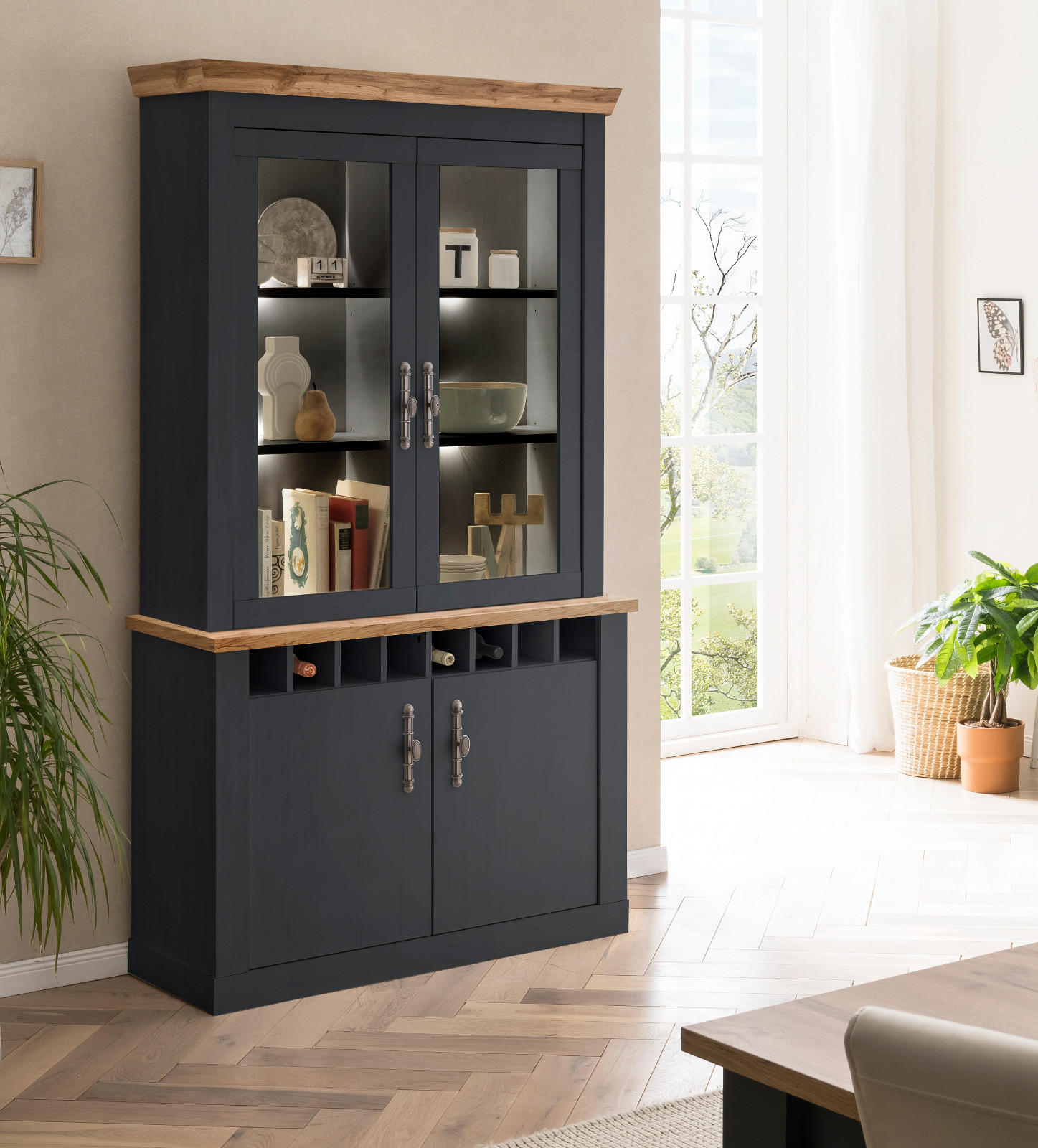 VITRINENSCHRANK grau, Wotan Eiche Landhaus 110 cm, Buffetschrank mit Soft-Close-Funktion - Silberfarben/Eiche Wotan, Glas/Holzwerkstoff (110/205/44cm) - Furn.Design