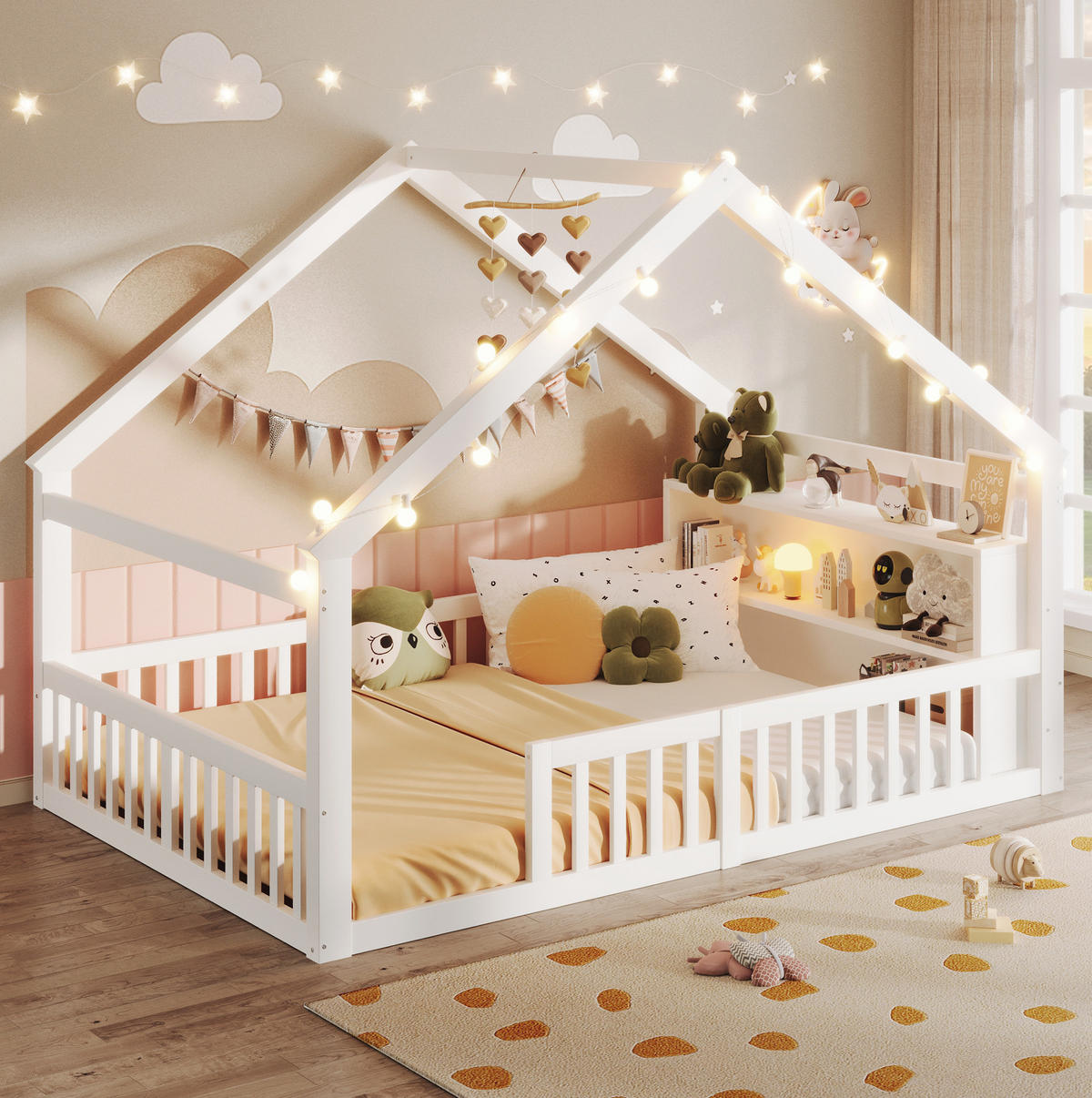 KINDERBETT 140/200cm weiß aus Kiefernholz mit Regal - Weiß, Holz (140/190cm) - OKWISH