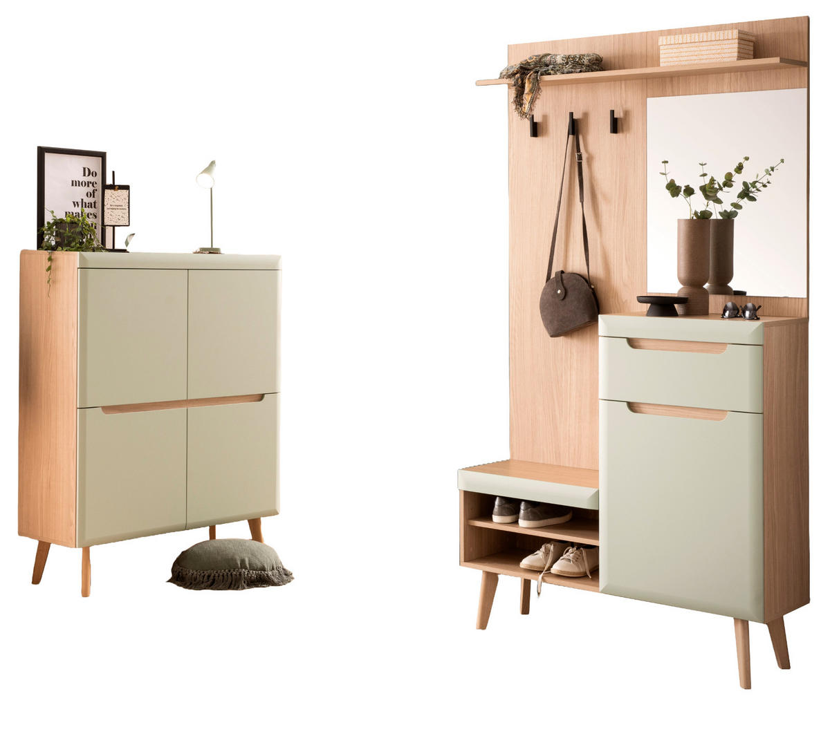 GARDEROBEN-SET 2-teilig Pistazie matt, Scandi Eiche, Garderobenkombination skandinavisch, 227 x 209 cm - Eichefarben/Pastellgrün, Glas/Holz (237/200/40cm) - Furn.Design