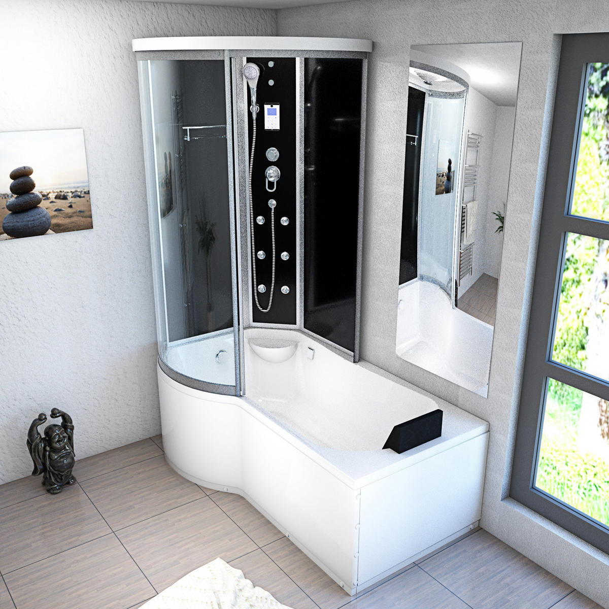 DUSCHKABINE mit Wanne K55-R31-EC Schwarz 100x170 - Schwarz, Glas/Kunststoff (98/170/220cm) - AcquaVapore by Sandra Jentho