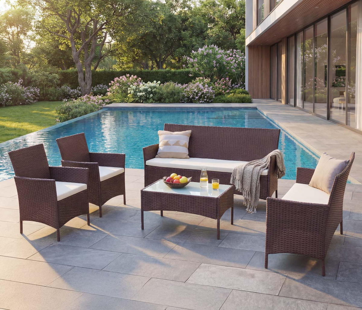 POLY-RATTAN GARNITUR Braun - Braun/Weiß, Kunststoff - MCW