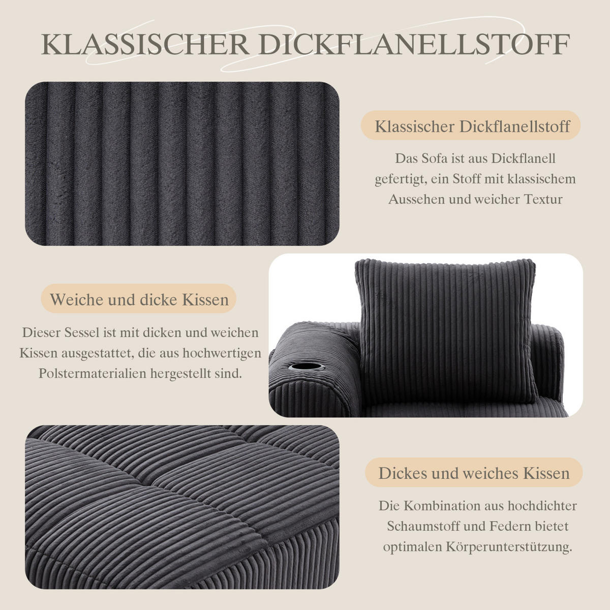 SOFA Grau, Relaxsessel Cord mit Getränkehalter und Stauraum, ohne Montage - Grau, Textil (158/61/93cm) - PARAFTA HOME