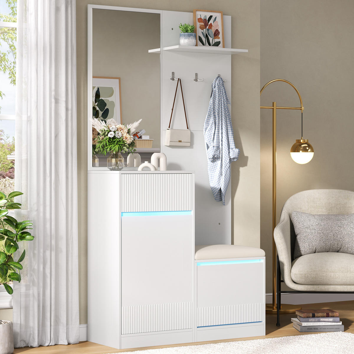 GARDEROBE mit Spiegel, Schuhschrank, Schuhbank und LED - Weiß, Holzwerkstoff (105/190/38cm) - FLIEKS