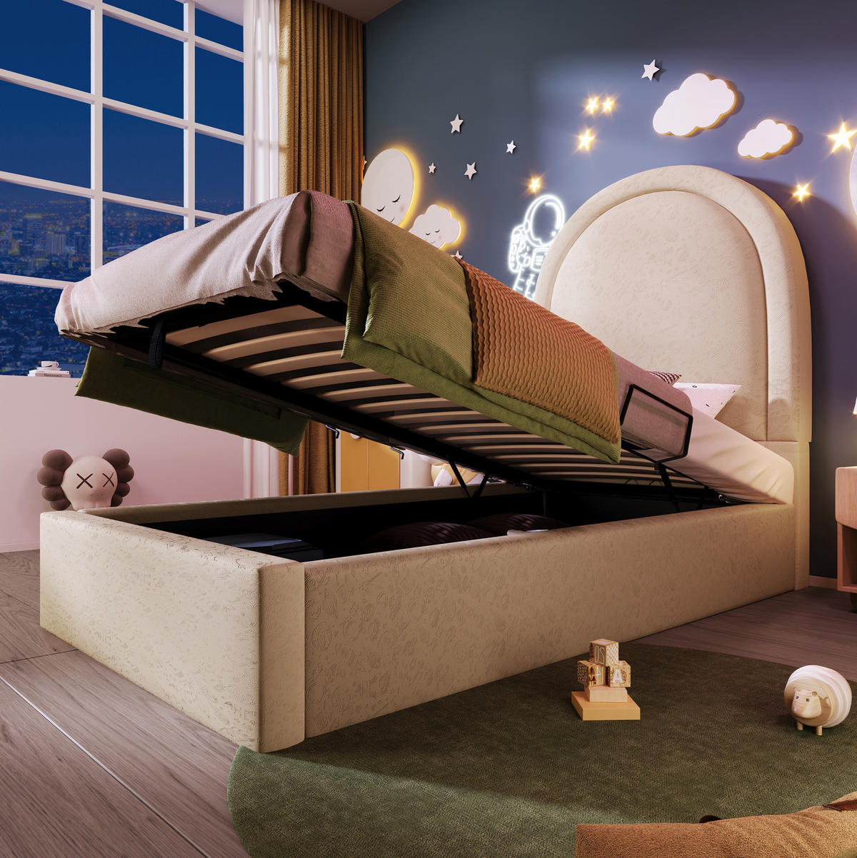 KINDERBETT 90/190 cm Beige mit Stauraum mit hydraulischem Lattenrost - Beige, Kunststoff (90/190cm) - OKWISH