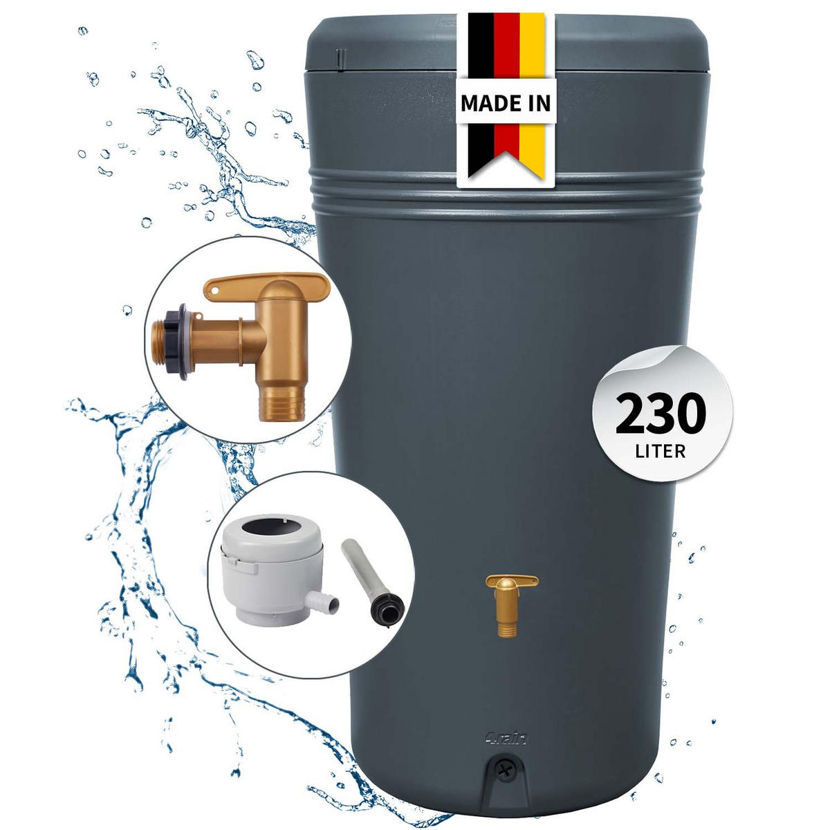 2IN1 Regentonnen Komplett-Set 230 L graphite grey inkl. Kunststoff-Auslaufhahn und Fallrohranschluss - Grau, Kunststoff (59/114/60cm) - 4rain