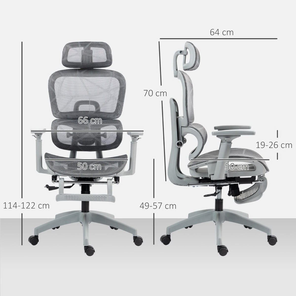 DREHSTUHL 66/64/114-122 cm, ergonomisch verstellbar, neigbar bis 135°, Grau - Grau, Kunststoff (64/122/66cm) - Redom