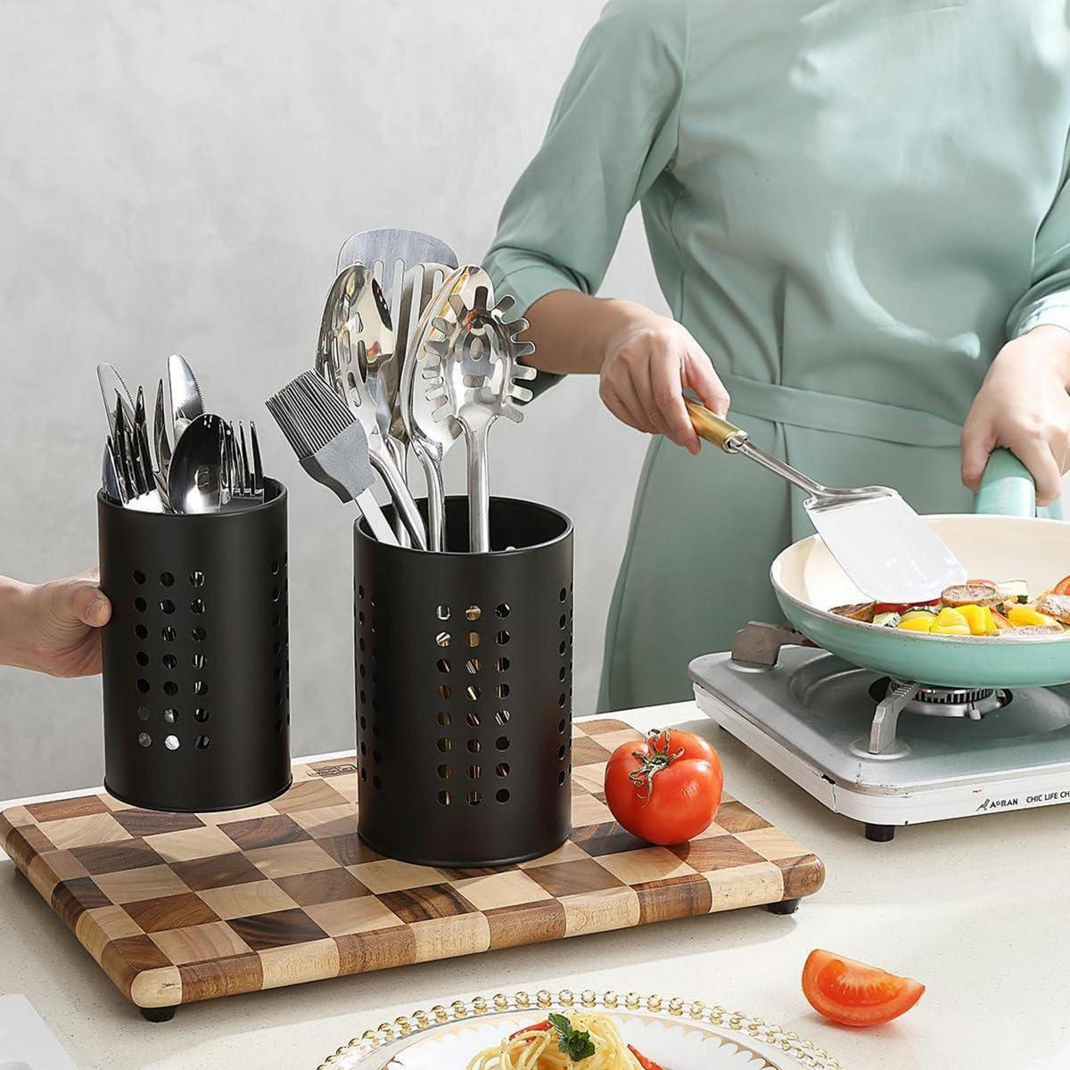 KÜCHENUTENSILIENHALTER Edelstahl, Besteck- und Utensilienständer, 2-teilig - Silberfarben, Metall (12/28/20cm) - LUXUSKOLLEKTION